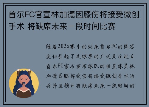 首尔FC官宣林加德因膝伤将接受微创手术 将缺席未来一段时间比赛 首尔FC官宣林加德因膝伤将接受微创手术 将缺席未来一段时间比赛
