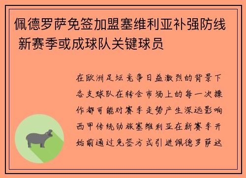 佩德罗萨免签加盟塞维利亚补强防线 新赛季或成球队关键球员