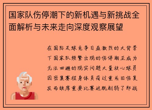 国家队伤停潮下的新机遇与新挑战全面解析与未来走向深度观察展望